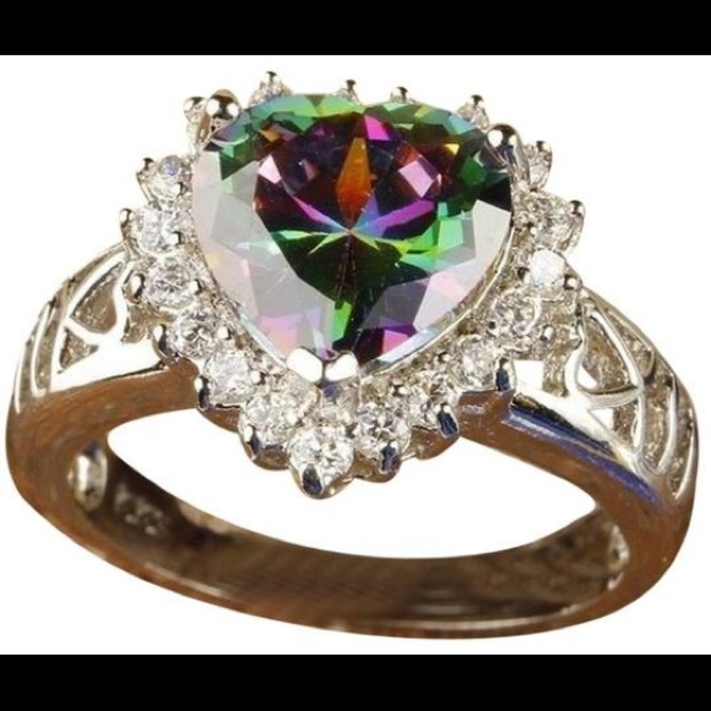 Sparkling Love Heart Rainbow White Topaz Ring.